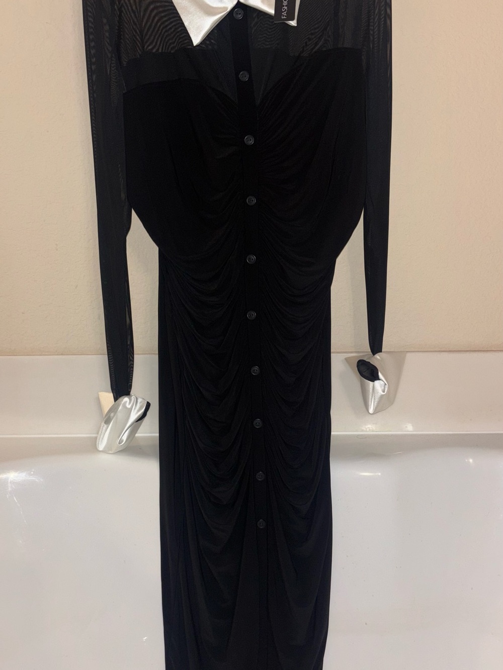 Fashion Nova Black Long Sleeve Ruched Button-Front Maxi Dress